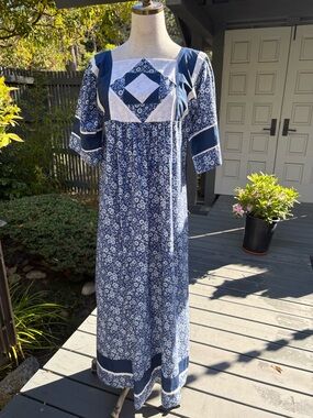 Bohemian Handcrafted Blue  & White Floral Quilt Patchwork Maxi Dress